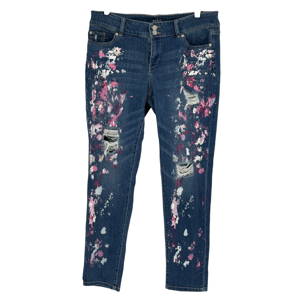 Soho New York & Company Boyfriend Jeans Blue Paint Splatter Distressed 12